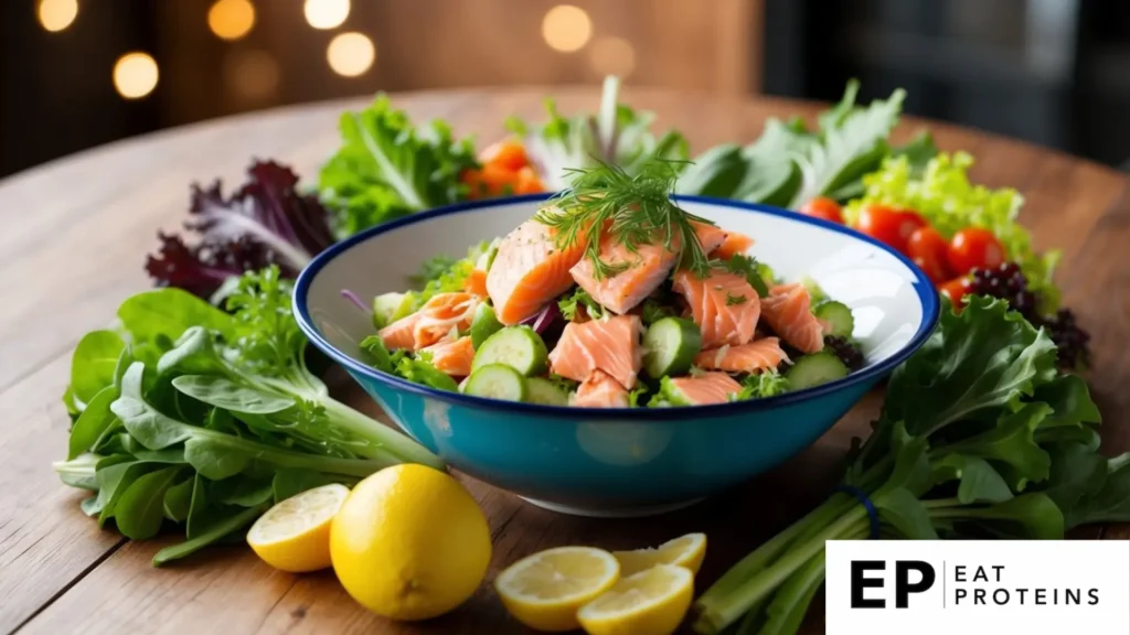 A colorful bowl of salmon salad surrounded by a variety of fresh mixed greens on a wooden table