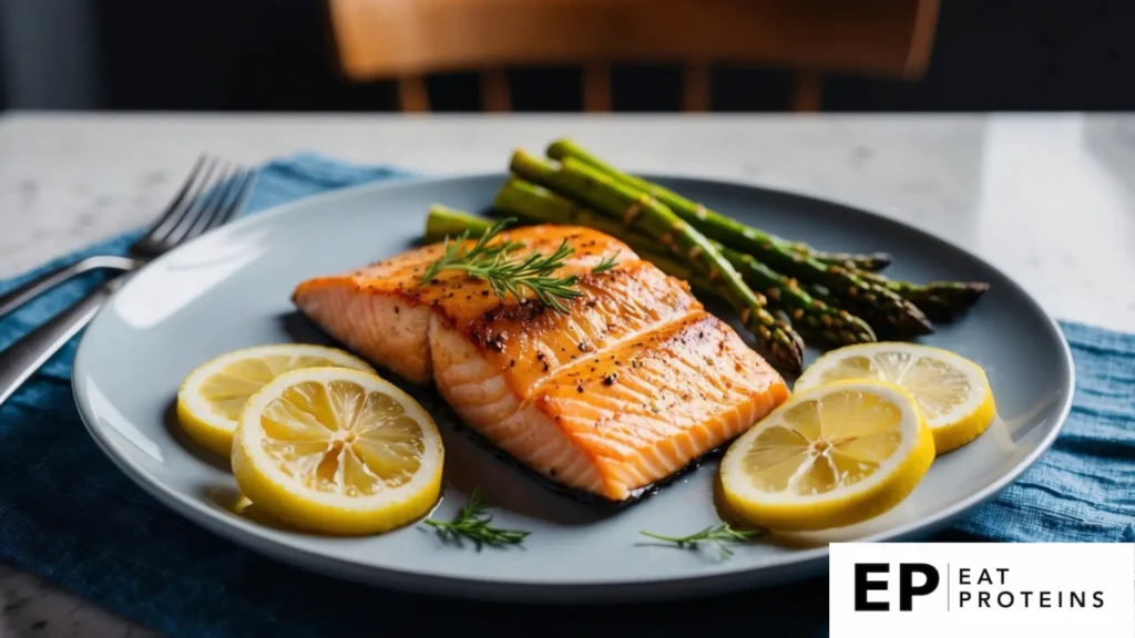 A plate with a grilled salmon fillet, roasted asparagus, and lemon slices arranged in an aesthetically pleasing manner