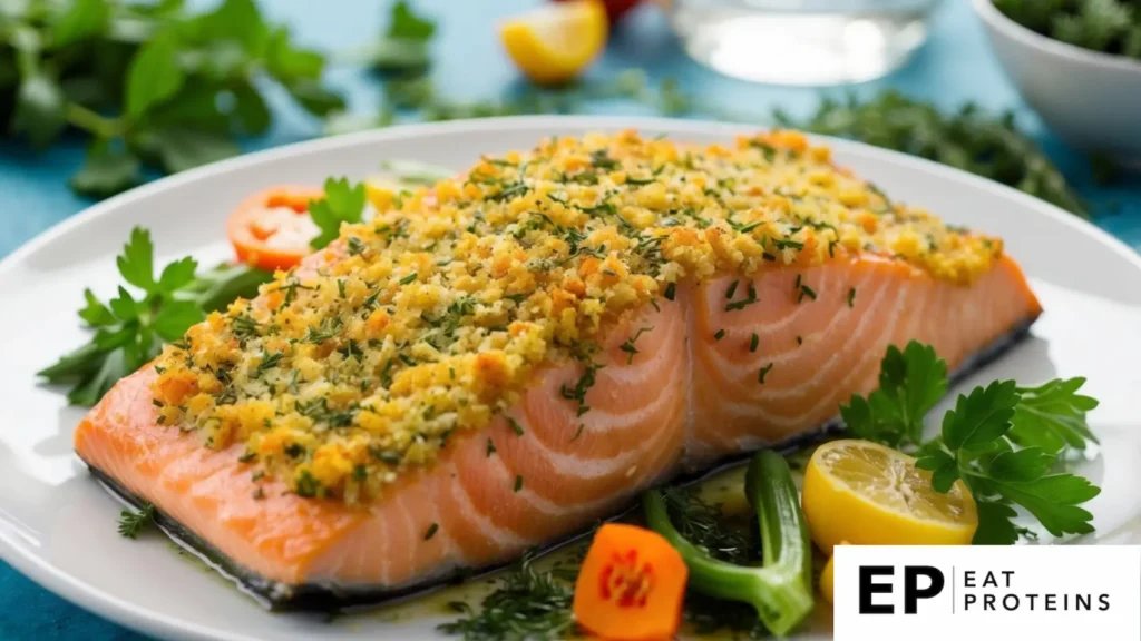 A piece of salmon covered in a golden herb crust, surrounded by fresh herbs and colorful vegetables on a white plate