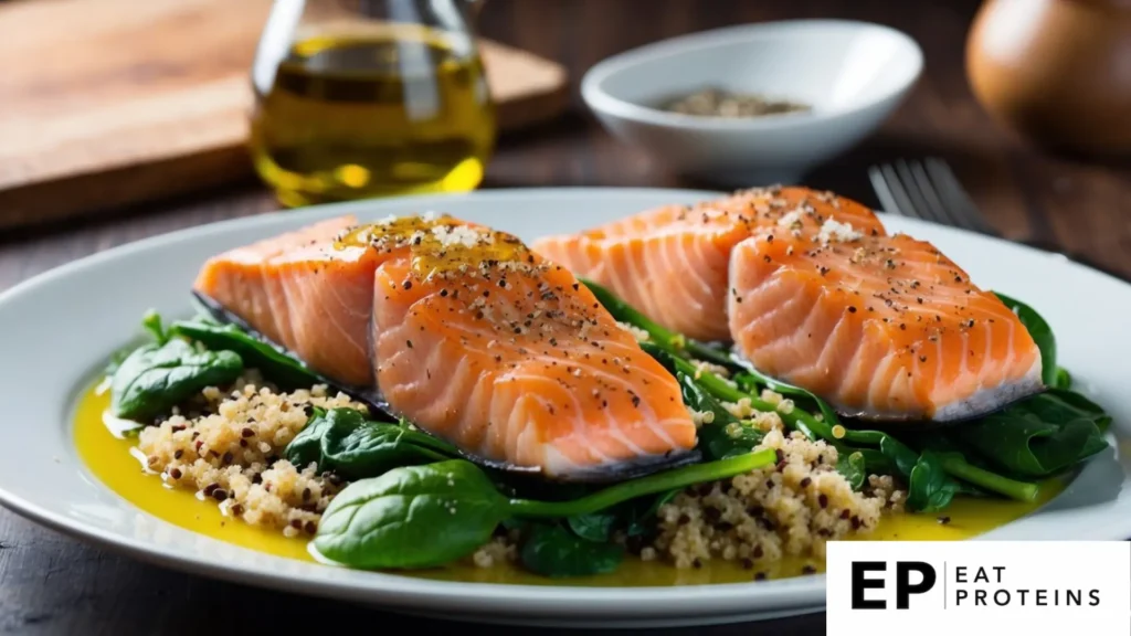 A plate of salmon, spinach, and quinoa arranged in an appetizing and colorful display