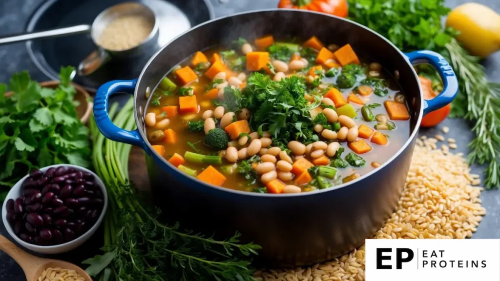 A large pot simmering with colorful vegetables and beans, surrounded by fresh herbs and a variety of whole grains