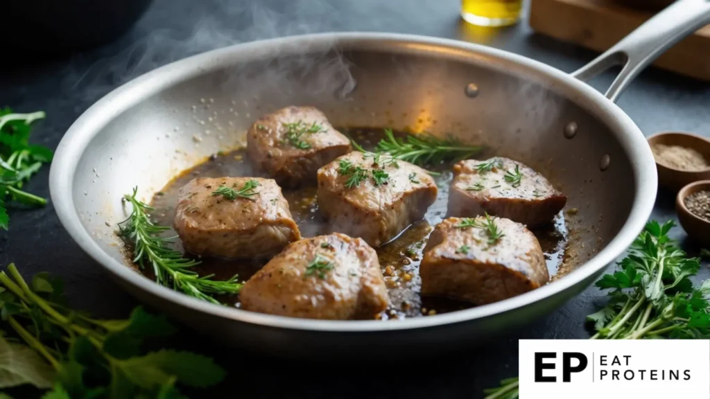 A sizzling pan with sautéed calf liver, surrounded by fresh herbs and spices