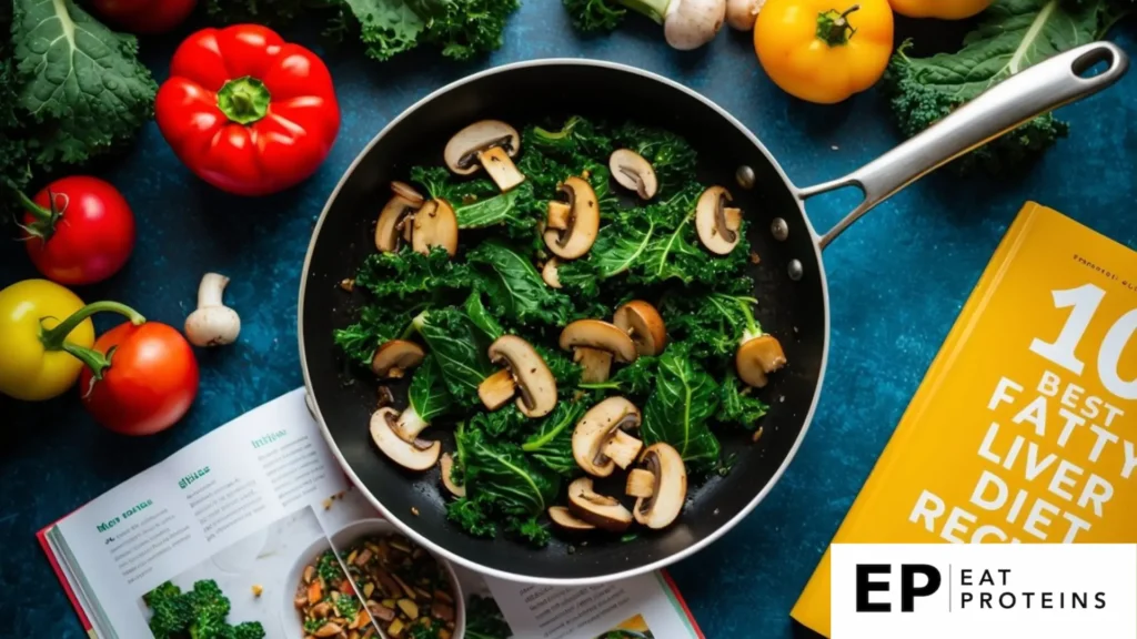 A skillet sizzling with sautéed kale and mushrooms, surrounded by colorful ingredients and a cookbook open to "10 best fatty liver diet recipes."