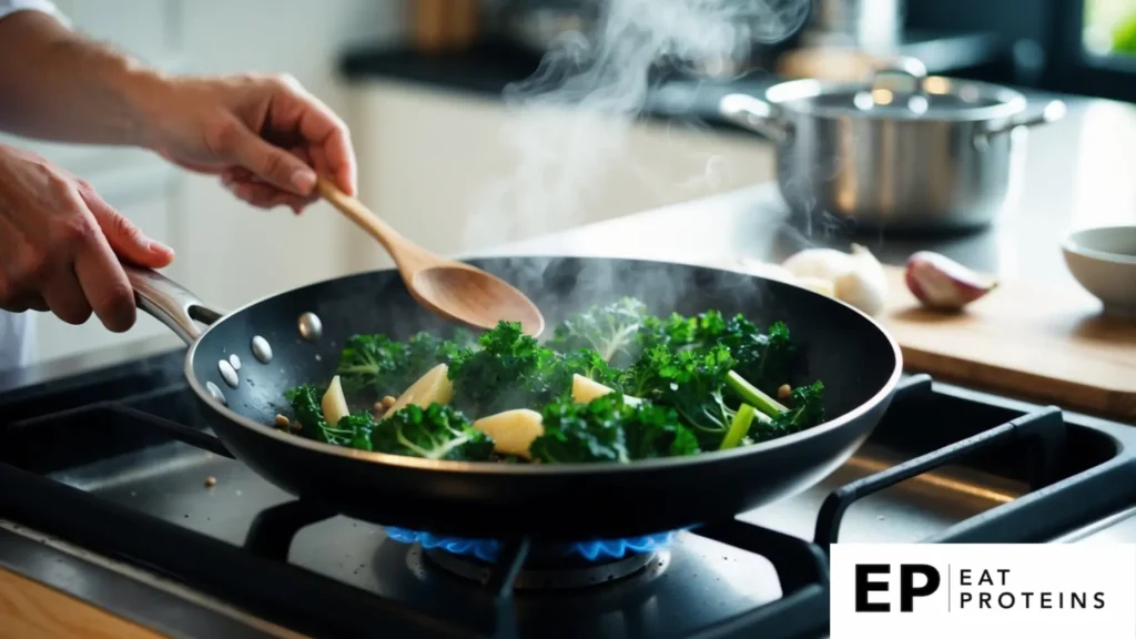 A skillet of kale sizzling with garlic, surrounded with persons hand who stir dish