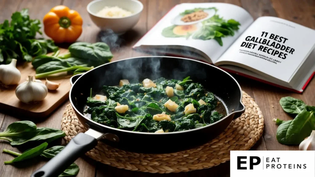 A skillet sizzling with sautéed spinach and garlic, surrounded by fresh ingredients and a cookbook open to "11 best gallbladder diet recipes."