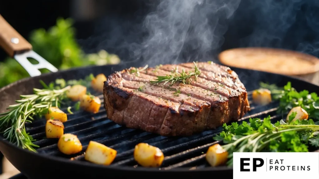 A succulent beef tenderloin sizzling on a grill surrounded by fresh herbs and spices