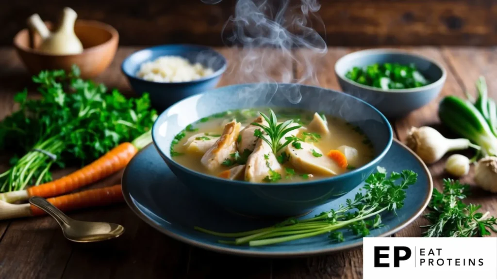 A steaming bowl of savory chicken broth surrounded by fresh herbs and vegetables on a rustic wooden table