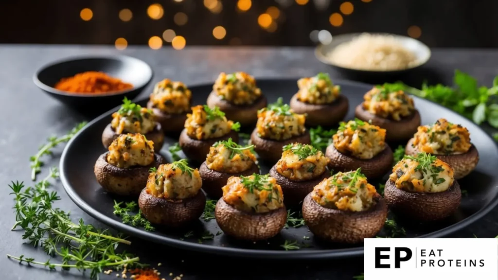 A platter of savory stuffed mushrooms surrounded by fresh herbs and spices