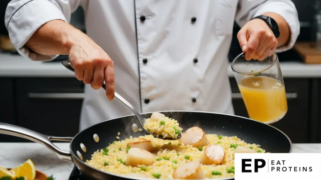 A pan of scallop risotto surrounded by fresh ingredients