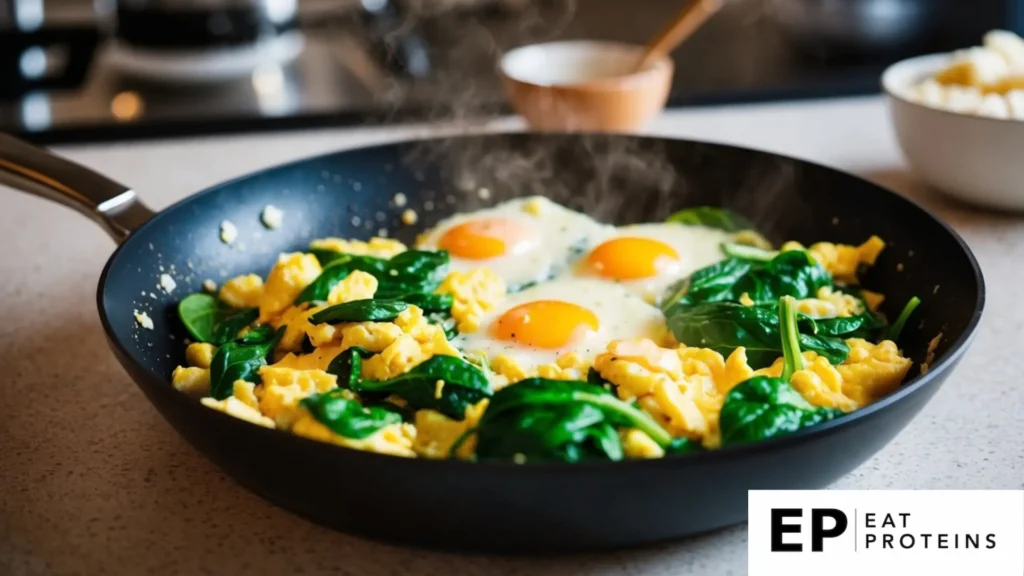 A skillet sizzling with scrambled eggs and vibrant green spinach cooking together