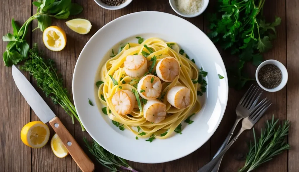 A plate of Sea Scallop Fettuccine surrounded by fresh ingredients and herbs on a rustic wooden table