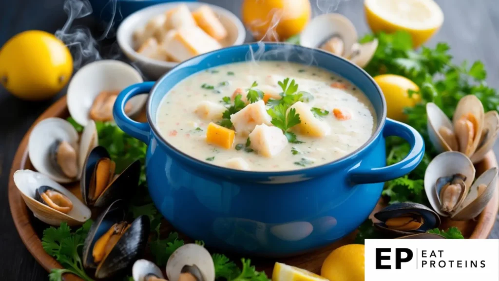 A steaming pot of creamy seafood chowder surrounded by fresh Atlantic ingredients like clams, mussels, and chunks of flaky white fish