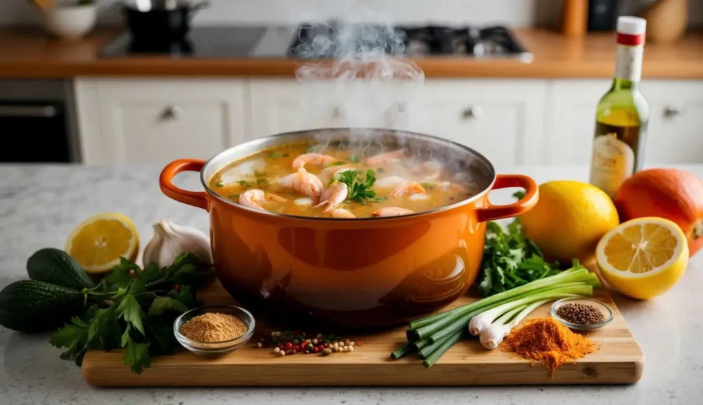 A steaming pot of seafood gumbo surrounded by fresh ingredients and spices on a kitchen counter