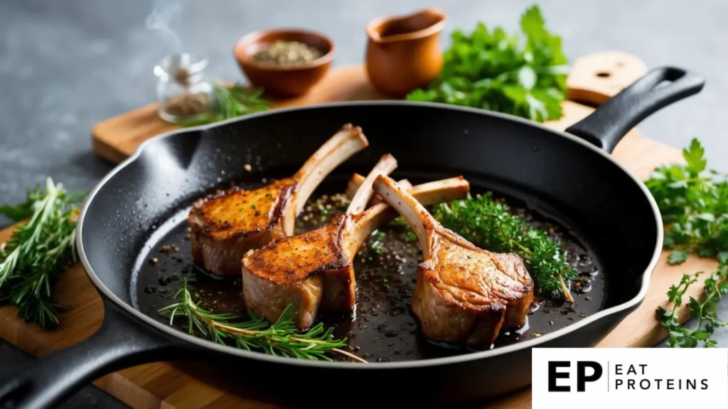 A sizzling skillet with seared lamb chops surrounded by fresh herbs and spices