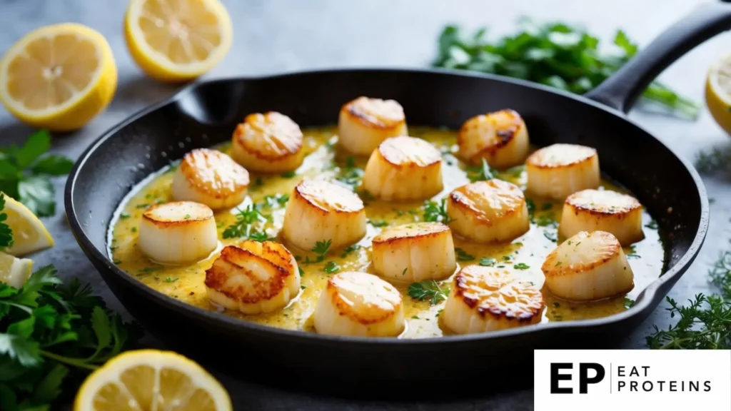 A sizzling skillet of seared scallops bathed in garlic butter, surrounded by vibrant herbs and lemon wedges