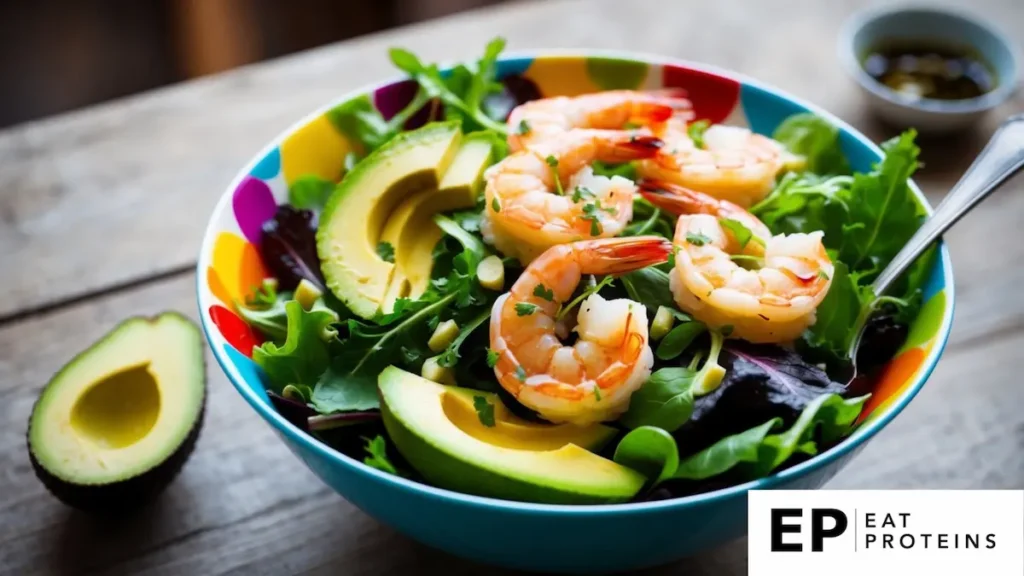 A colorful bowl filled with shrimp, avocado, and fresh greens, topped with a light vinaigrette