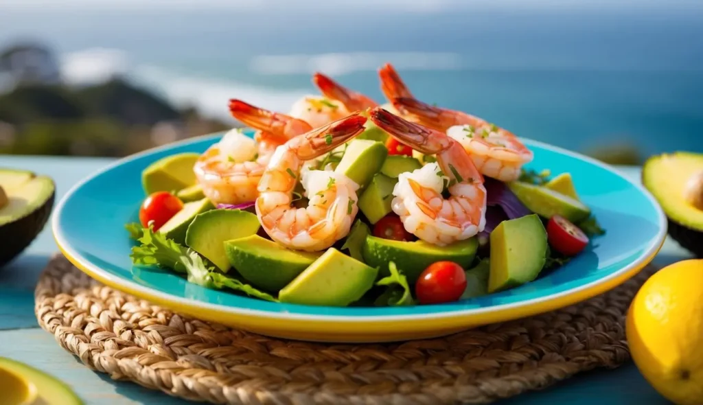 A colorful plate holds a vibrant shrimp and avocado salad, surrounded by fresh ingredients and set against a coastal backdrop