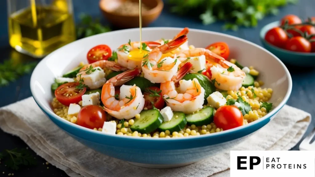 A colorful bowl filled with shrimp, couscous, cherry tomatoes, cucumbers, and feta cheese, drizzled with olive oil and sprinkled with fresh herbs