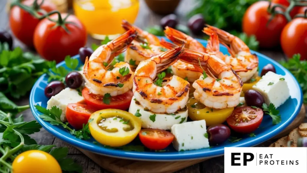 A colorful platter of grilled shrimp and feta cheese surrounded by vibrant Mediterranean ingredients like olives, tomatoes, and fresh herbs