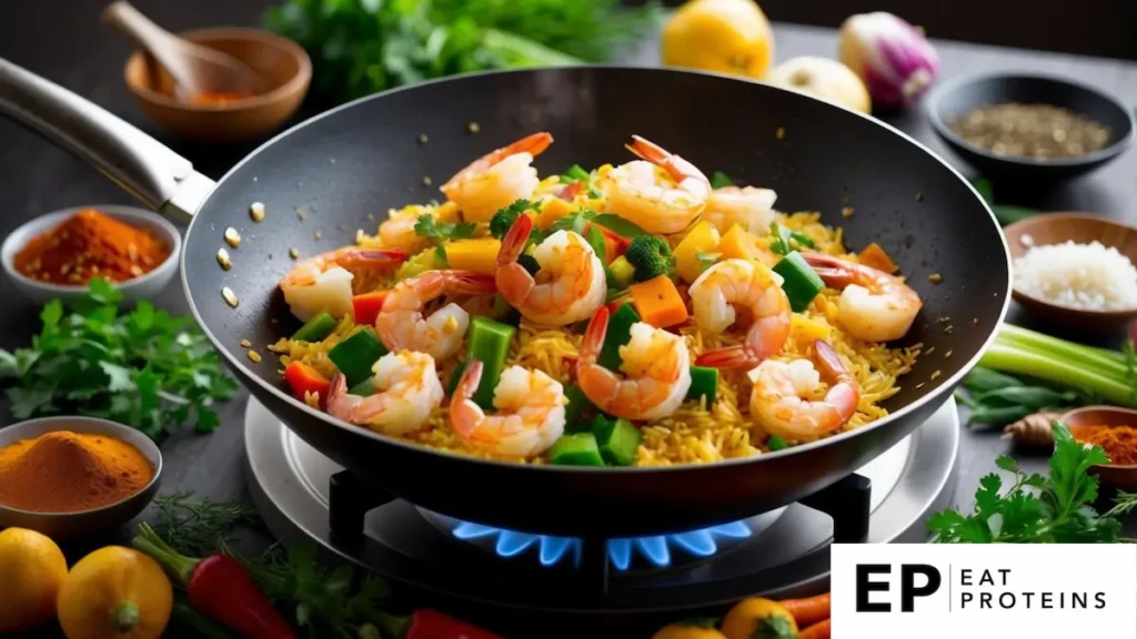 A sizzling wok filled with colorful shrimp, vegetables, and fluffy rice, surrounded by vibrant spices and herbs