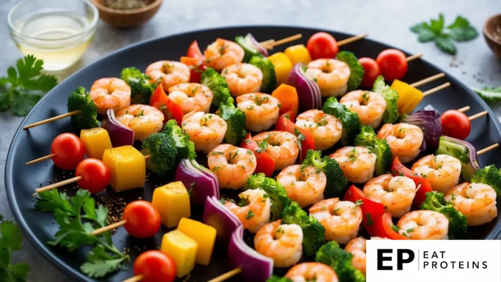 A colorful array of shrimp and vegetable skewers arranged on a platter, garnished with herbs and spices