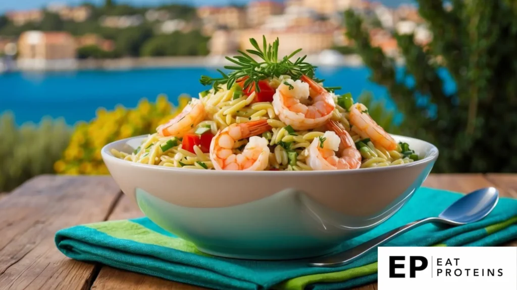 A vibrant bowl of orzo salad with plump shrimp, colorful vegetables, and fresh herbs, set against a backdrop of Mediterranean scenery