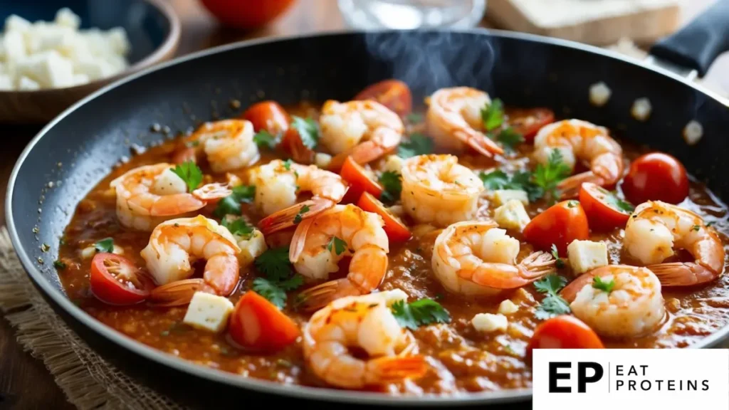 A sizzling skillet of shrimp, tomatoes, and feta cheese bubbling in a rich Mediterranean sauce