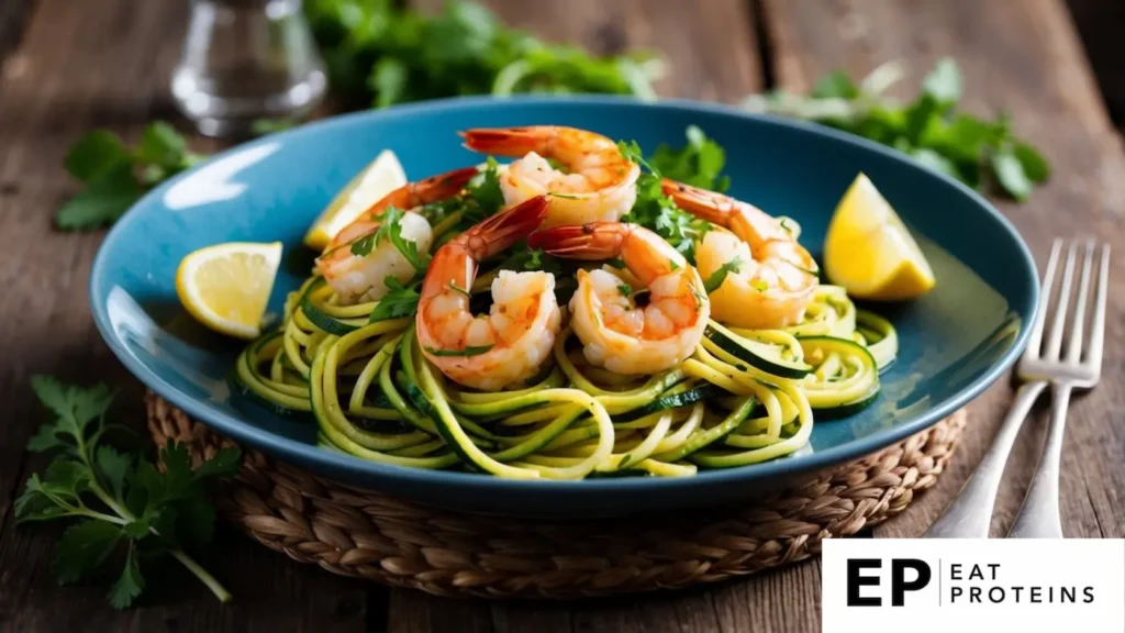 A plate of shrimp scampi with zucchini noodles surrounded by fresh herbs and lemon wedges on a rustic wooden table