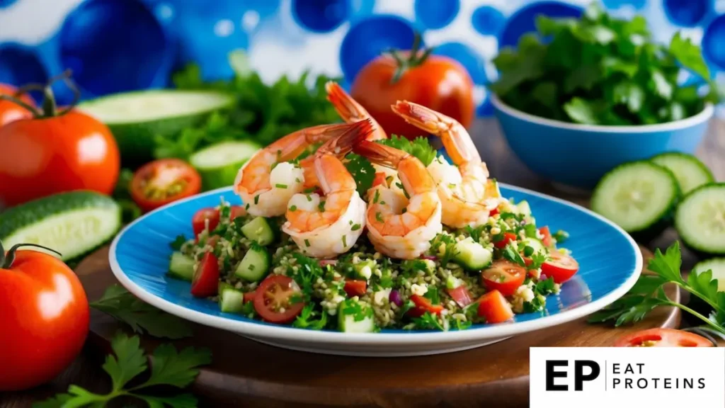 A vibrant plate of shrimp tabbouleh surrounded by fresh Mediterranean ingredients like tomatoes, cucumbers, and parsley, with a backdrop of blue and white accents