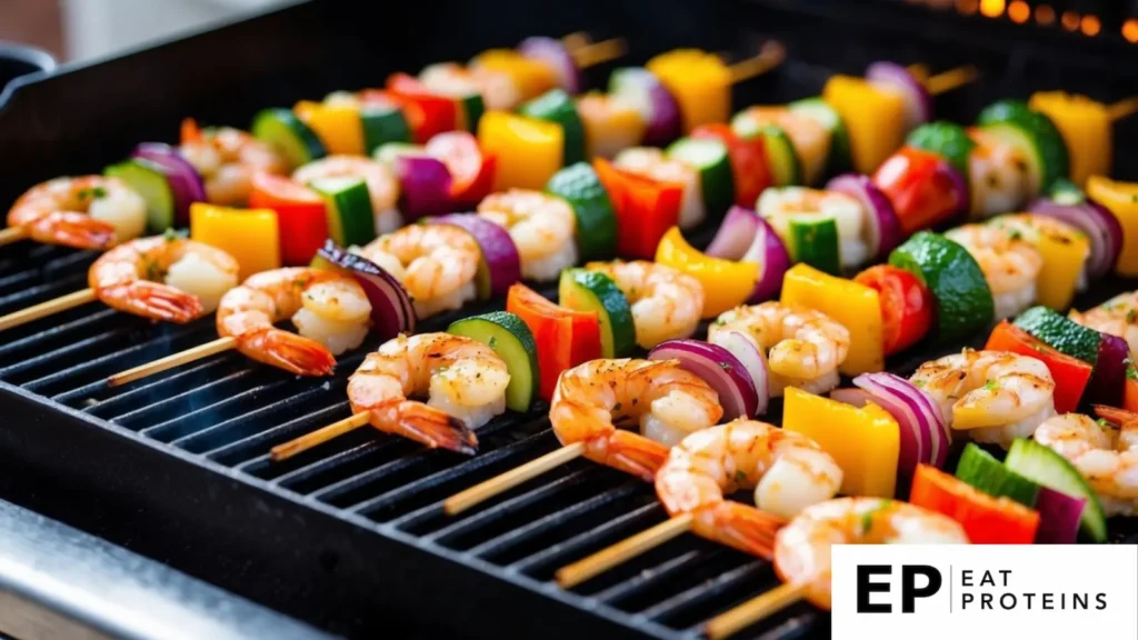 A colorful array of shrimp and vegetable skewers sizzling on a grill