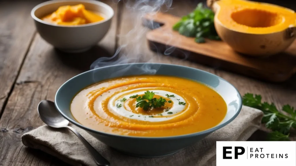 A steaming bowl of butternut squash soup sits on a rustic wooden table, garnished with a swirl of cream and a sprinkle of fresh herbs