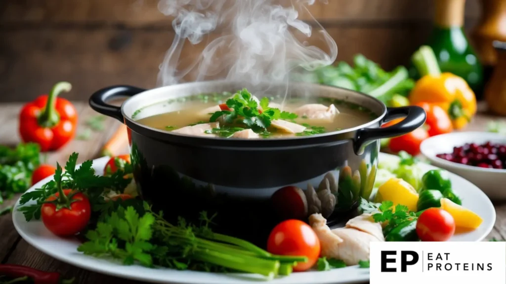 A pot of steaming chicken broth surrounded by fresh vegetables and herbs