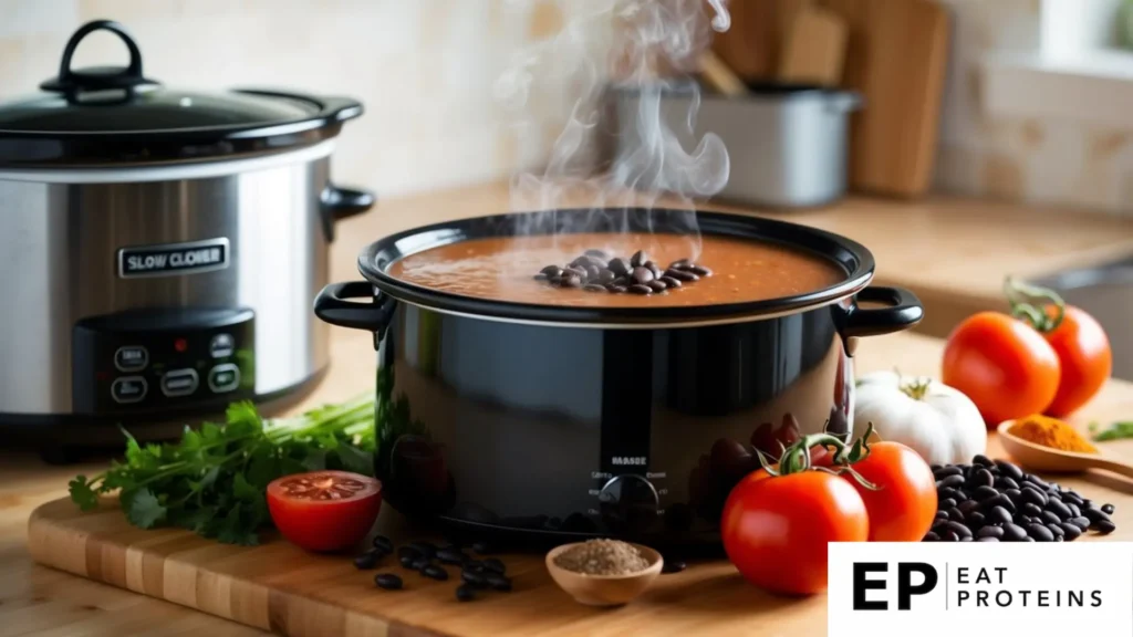 A steaming pot of black bean soup surrounded by fresh ingredients like beans, tomatoes, and spices. A slow cooker sits nearby on a kitchen counter