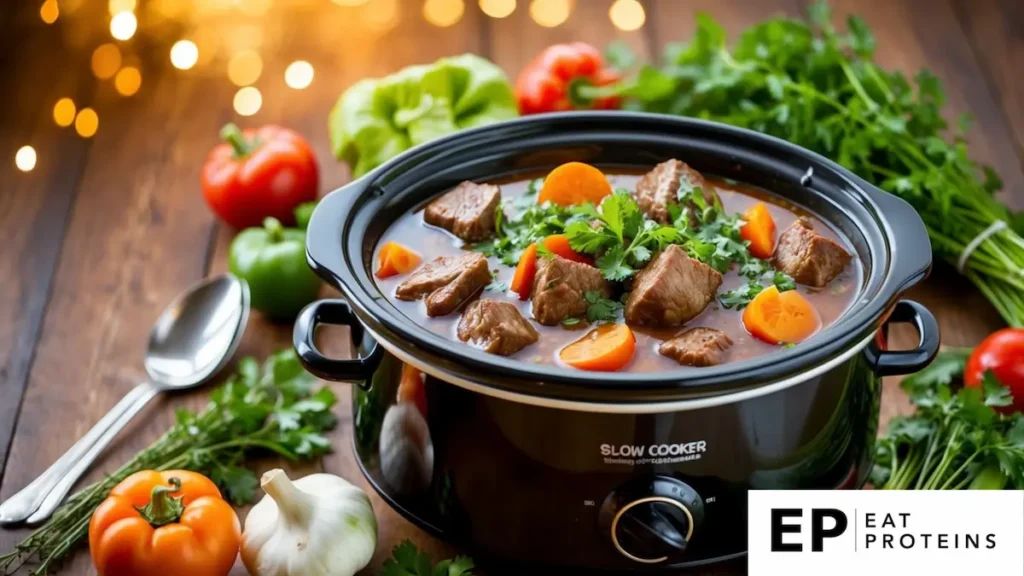 A simmering slow cooker filled with hearty beef stew surrounded by fresh vegetables and herbs