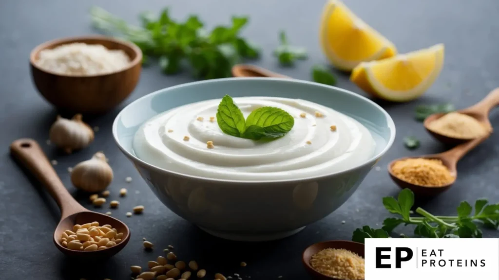 A bowl of smooth Greek yogurt surrounded by ingredients for soft food diet recipes