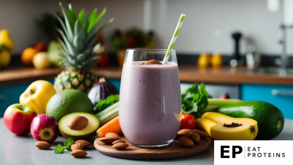 A glass of smoothie with almond milk surrounded by a variety of fresh fruits and vegetables on a kitchen counter