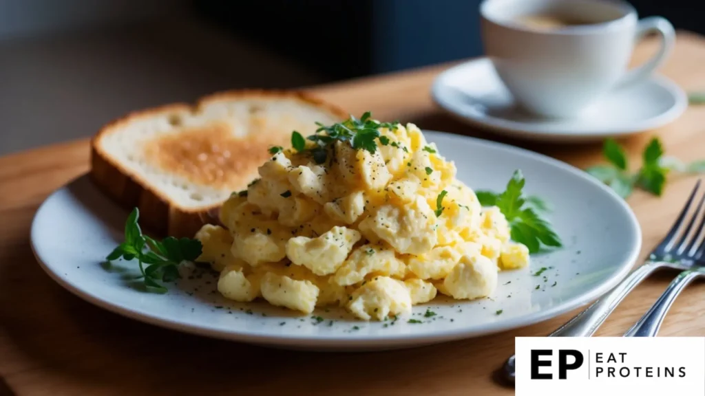 A plate of fluffy scrambled eggs with a side of toast, garnished with fresh herbs and a sprinkle of black pepper