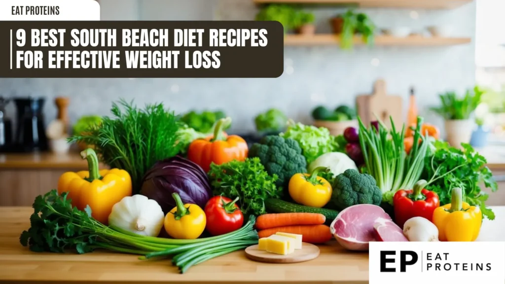 A colorful array of fresh vegetables, lean proteins, and healthy fats arranged on a kitchen counter, ready to be used in South Beach diet recipes