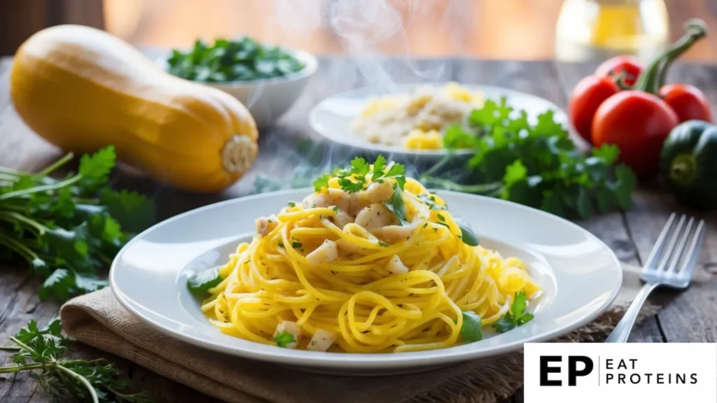 A steaming plate of spaghetti squash alfredo surrounded by fresh herbs and vegetables on a rustic wooden table