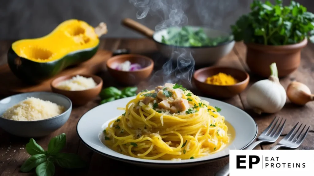 A steaming plate of spaghetti squash carbonara surrounded by fresh ingredients and a rustic kitchen setting