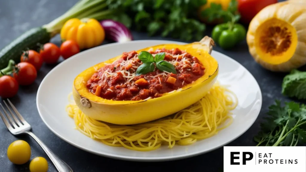 A plate of spaghetti squash topped with marinara sauce, surrounded by colorful vegetables and herbs