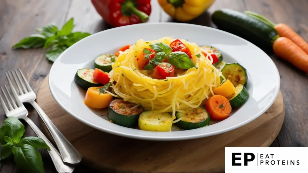 A colorful array of fresh vegetables and strands of spaghetti squash arranged on a plate, with a light and flavorful sauce drizzled over the top