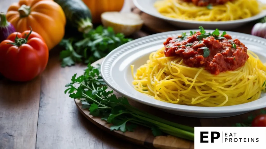 A steaming plate of spaghetti squash topped with marinara sauce, surrounded by colorful vegetables and herbs