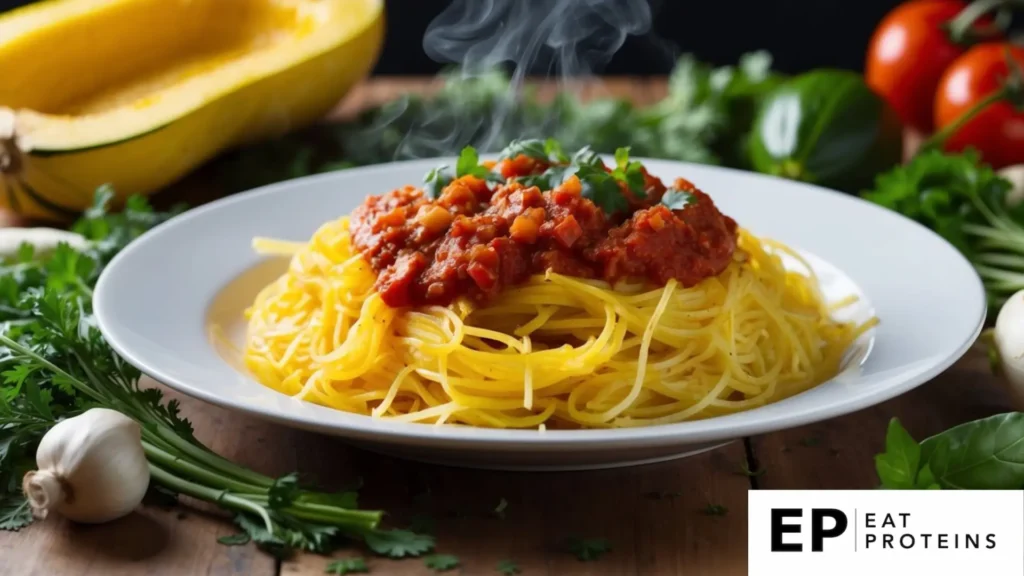 A steaming plate of spaghetti squash topped with marinara sauce, surrounded by fresh herbs and vegetables