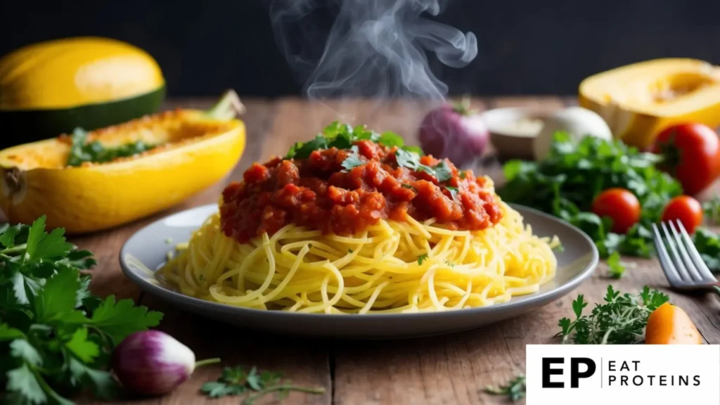 A steaming plate of spaghetti squash topped with marinara sauce surrounded by fresh herbs and colorful vegetables