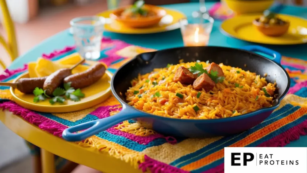 A sizzling skillet of Spanish rice and chorizo on a vibrant table setting