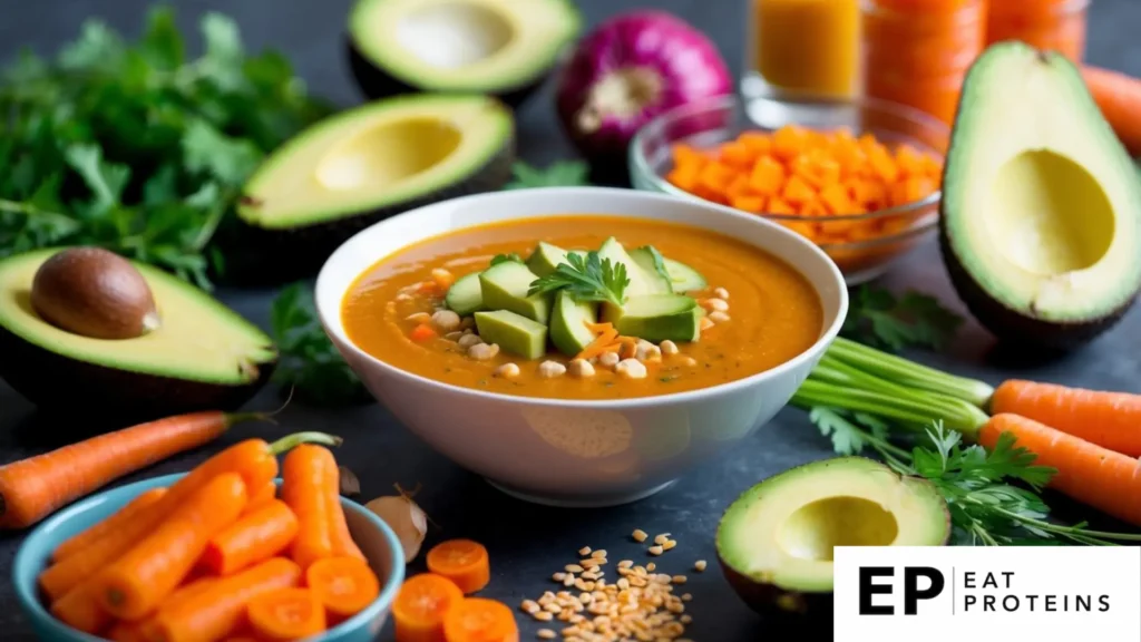 A vibrant bowl of spiced carrot-avocado soup surrounded by fresh, colorful raw ingredients