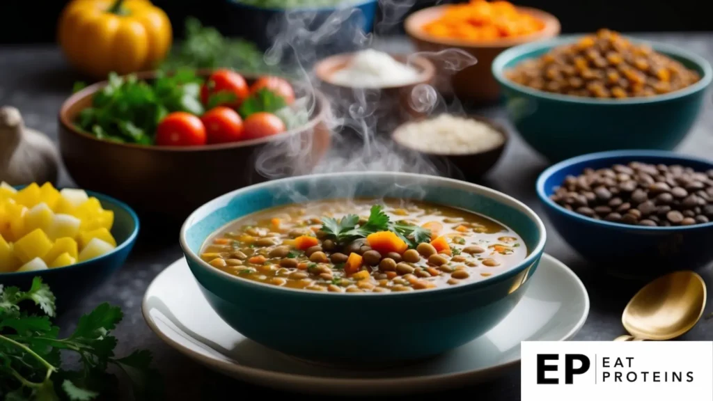 A steaming bowl of spiced lentil soup surrounded by colorful Mediterranean ingredients