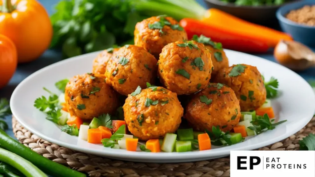 A plate of spicy buffalo chicken meatballs surrounded by fresh herbs and colorful vegetables