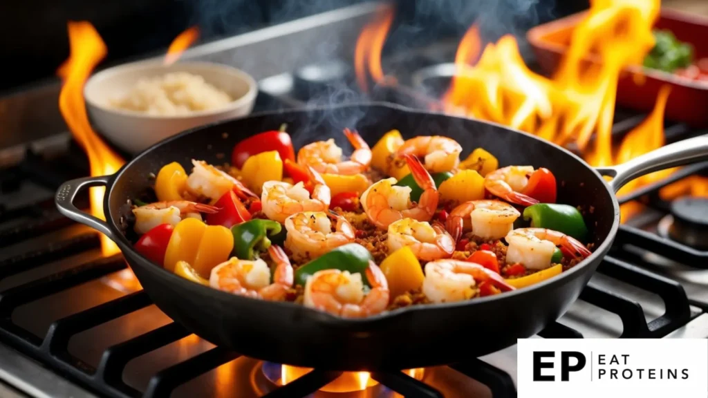 A sizzling skillet filled with colorful bell peppers, juicy shrimp, and aromatic Cajun spices cooking over a high flame